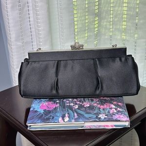 Black Satin Evening Clutch with Rhinestone Clasp & Chain Strap